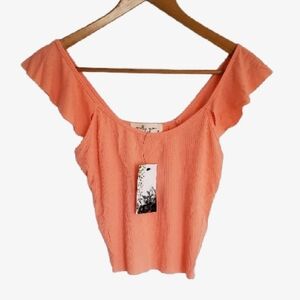 ~ Molly Green ~ Pink Peach Coral Flutter Sleeve Crop Top Off Shoulder